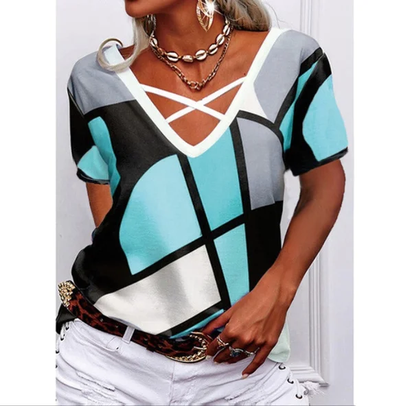 Summer New Fashion Women's Soft and Comfortable Short Sleeve V-neck Casual T-shirt Loos Plus Size Printed T-shirt S-5XL
