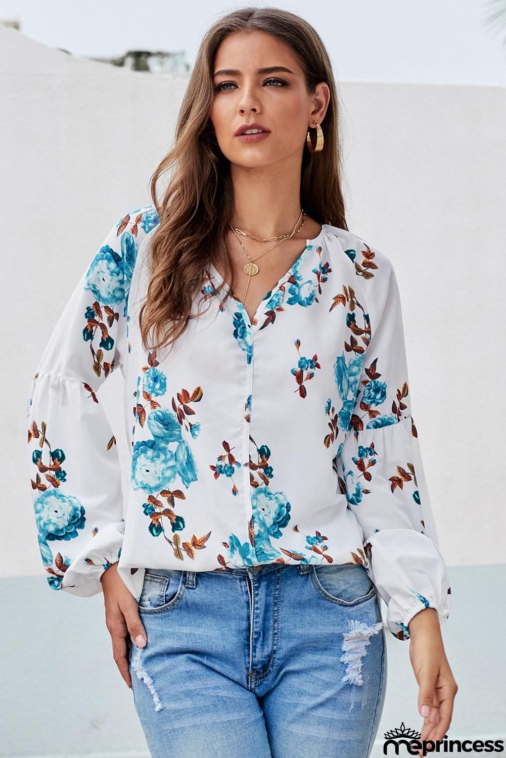 Ballon Sleeve Floral Shirt Top