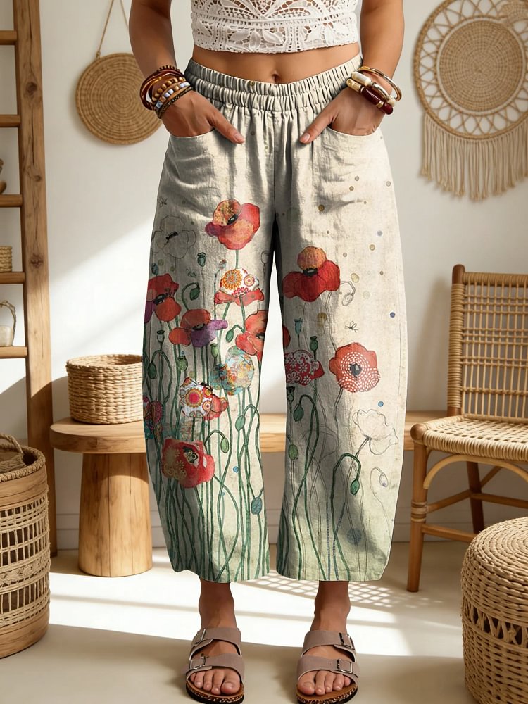 Women's Floral Art Print Elastic Waist Pocket Cotton Pants