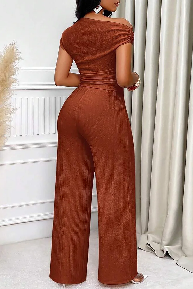 Skew Neck Short Sleeve Top Solid Color Wide Leg Pants Casual 2pcs Set-Brown