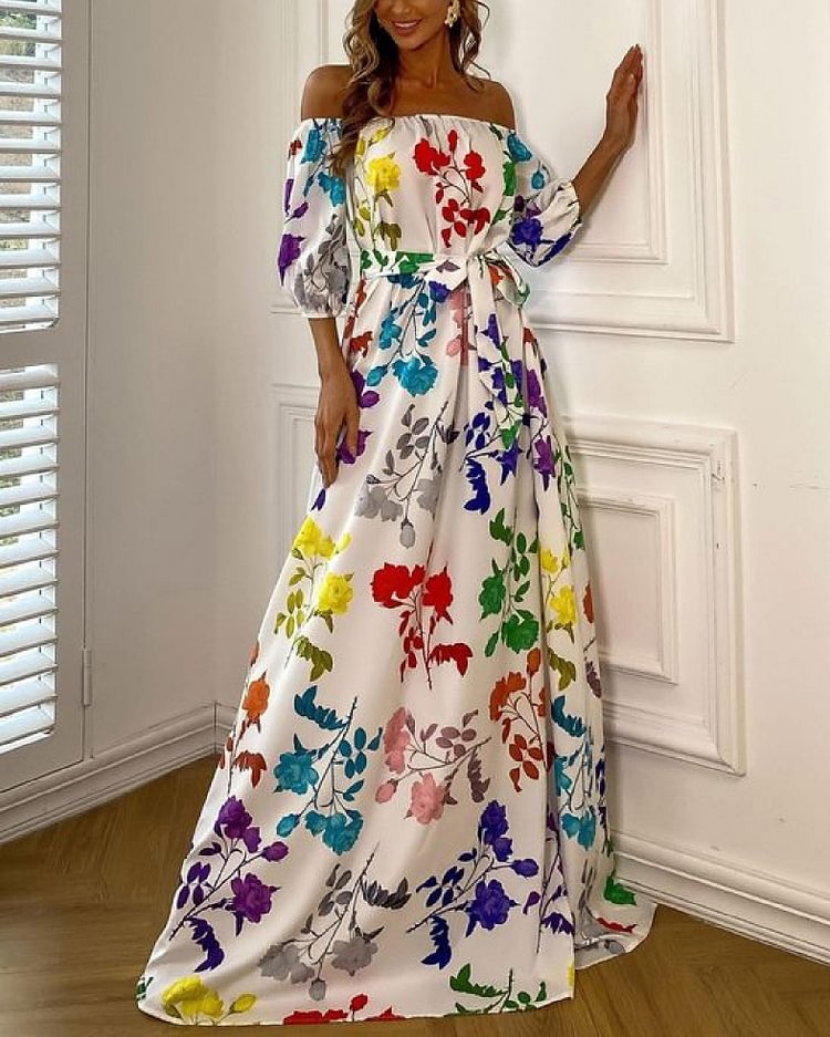 Elegant Colorful Print A-line One-shoulder Dress