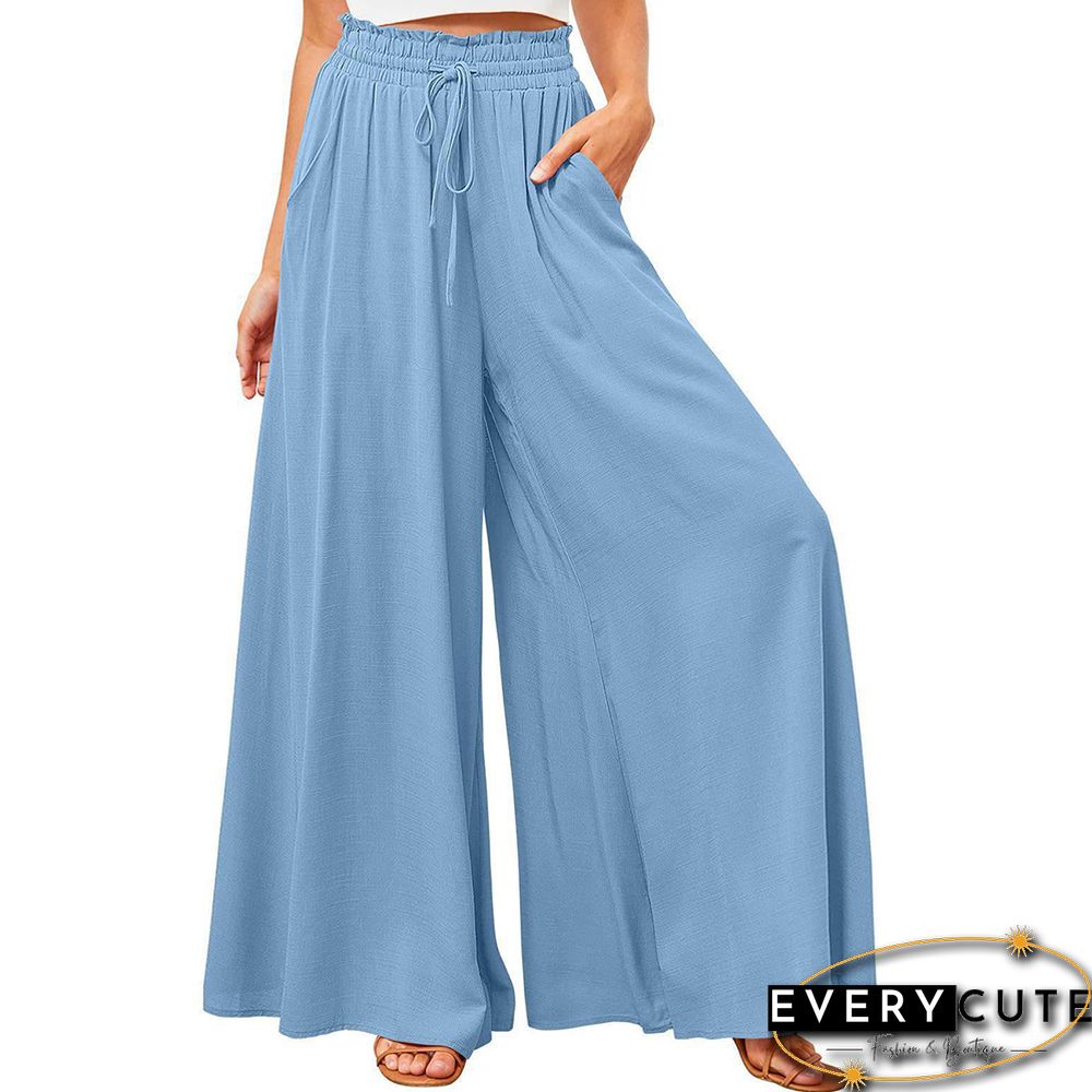 Blue High Waist Elastic Waistband Long Culottes