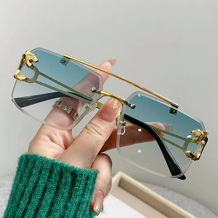 Retro Square Rimless Women's Sunglasses Metal Frame Brown Gradient ...