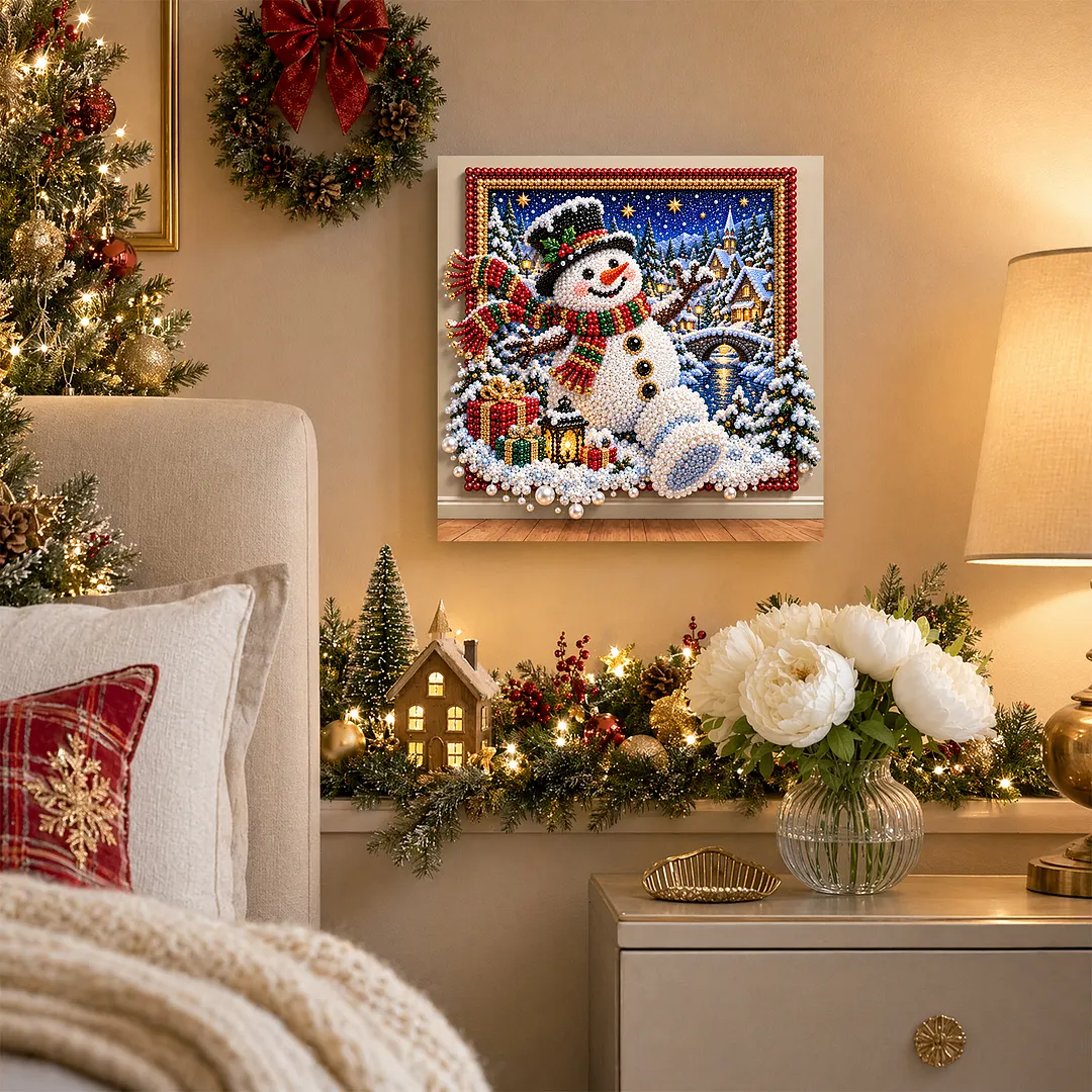Framed Pearl Painting Kit Snowman Scene for Adults 30x30cm