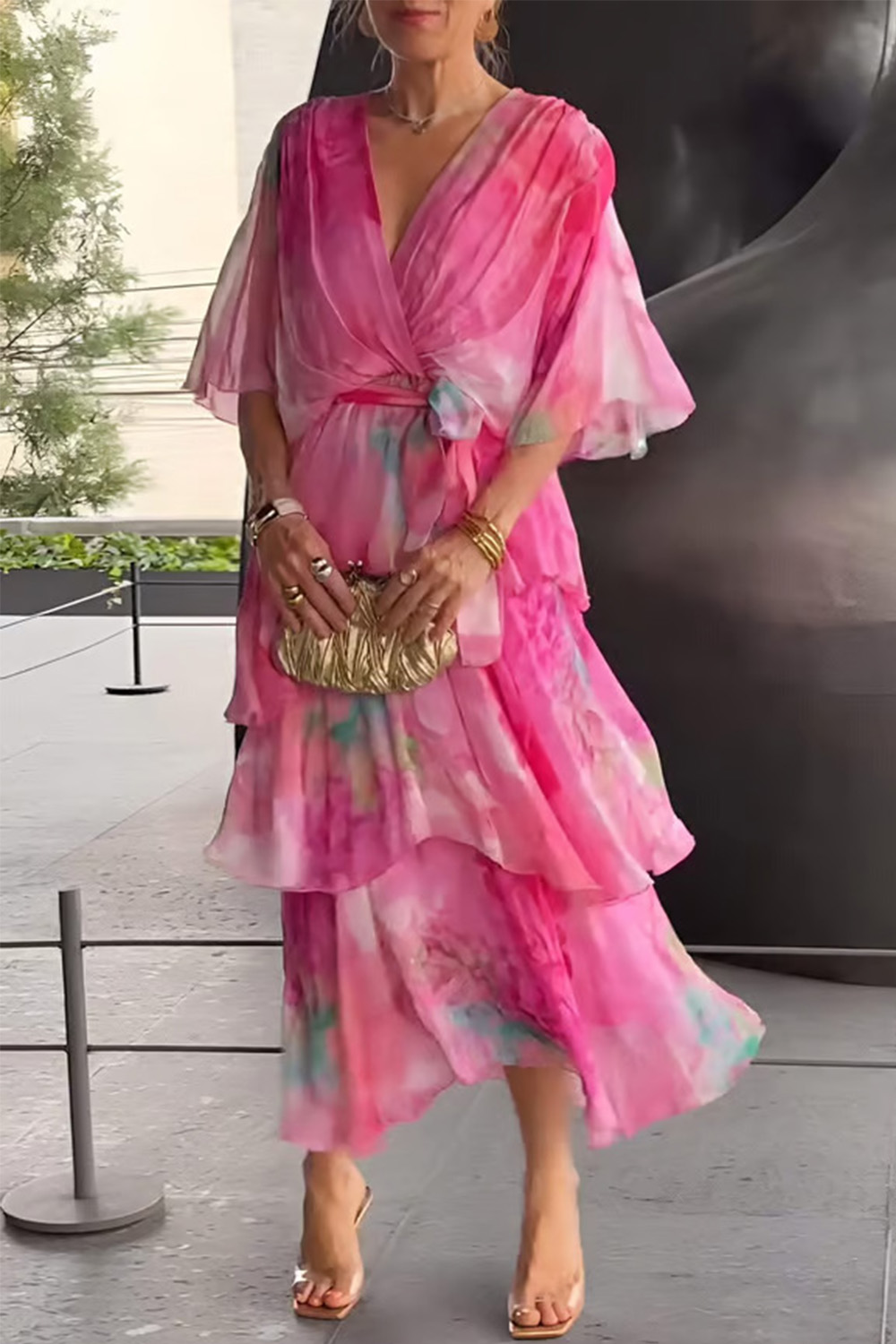 Plus Size Vacation Blue Chiffon All Over Print Wrap Flutter Sleeve Layered Maxi Dress 2024 - Flycurvy 