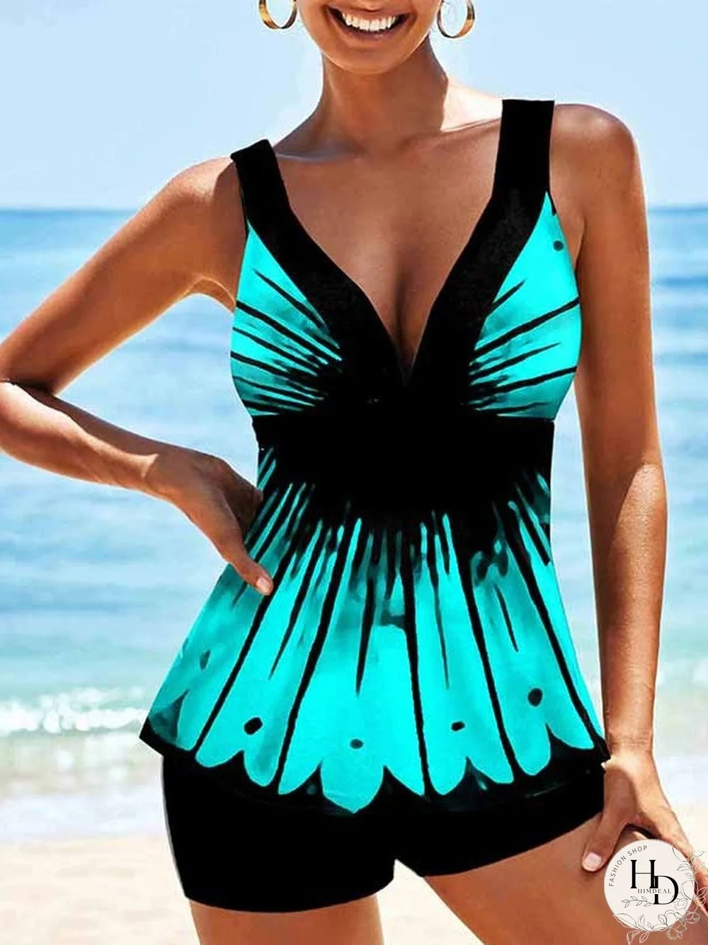 Plus Size Swimwear Sleeveless Graphic Printed Tankini