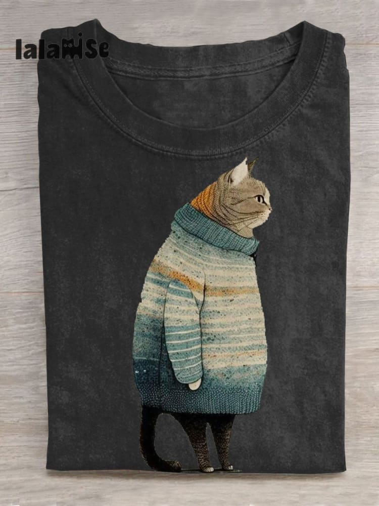 Cute Winter Cat Art Pattern Print Casual T - Shirt Black / S