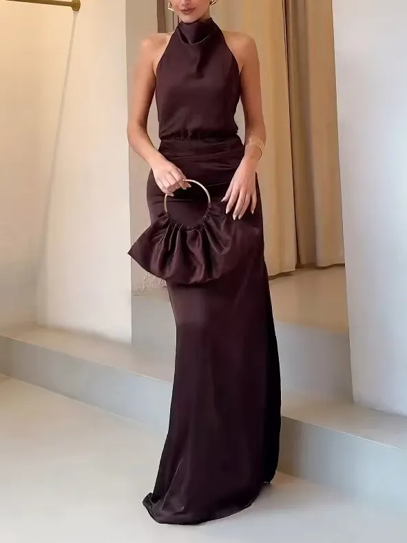 Elegant Holders Corner Satin Pleated Maxi Dress