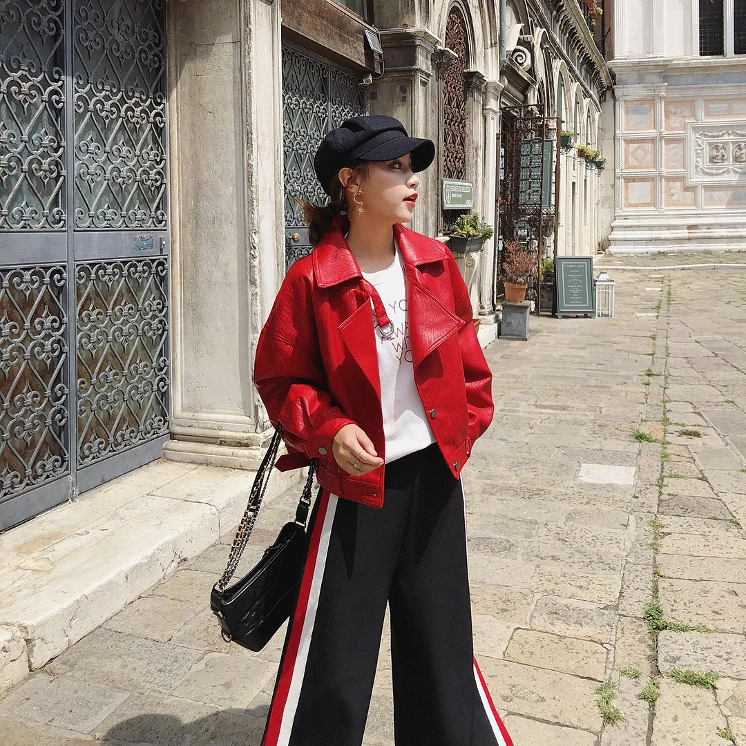 Ftlzz Autumn Faux Leather Jacket Women Loose Turndown Collar Single Breasted Motorcycle Leather Coats Moto Jacket Women