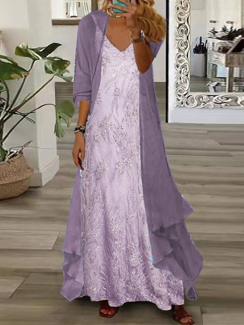 Women's Long Sleeve V-neck Graphic Printed Two Pieces Maxi Dress