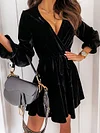 Velvet Solid Color Bandage  Puff Sleeve  Mini Dress