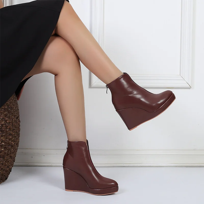 Wongn Wongn / Winter, Sloping Heel, Thick Bottom, High Heel, Pointed, Stylish Ankle Boots, Black Rear Zipper