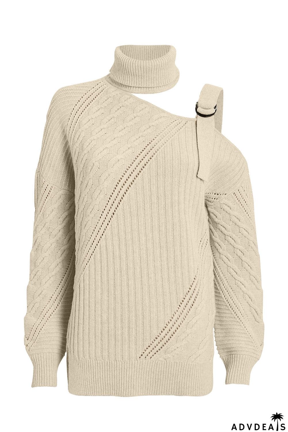 Strapped Cut out Shoulder Turtleneck Sweater