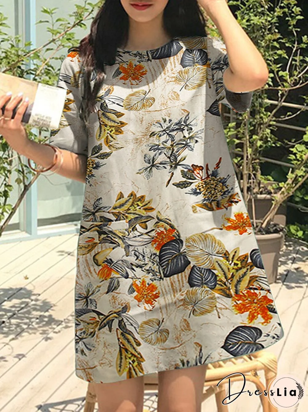 Flower Leaves Print Short Sleeve Crew Neck Vintage Dress