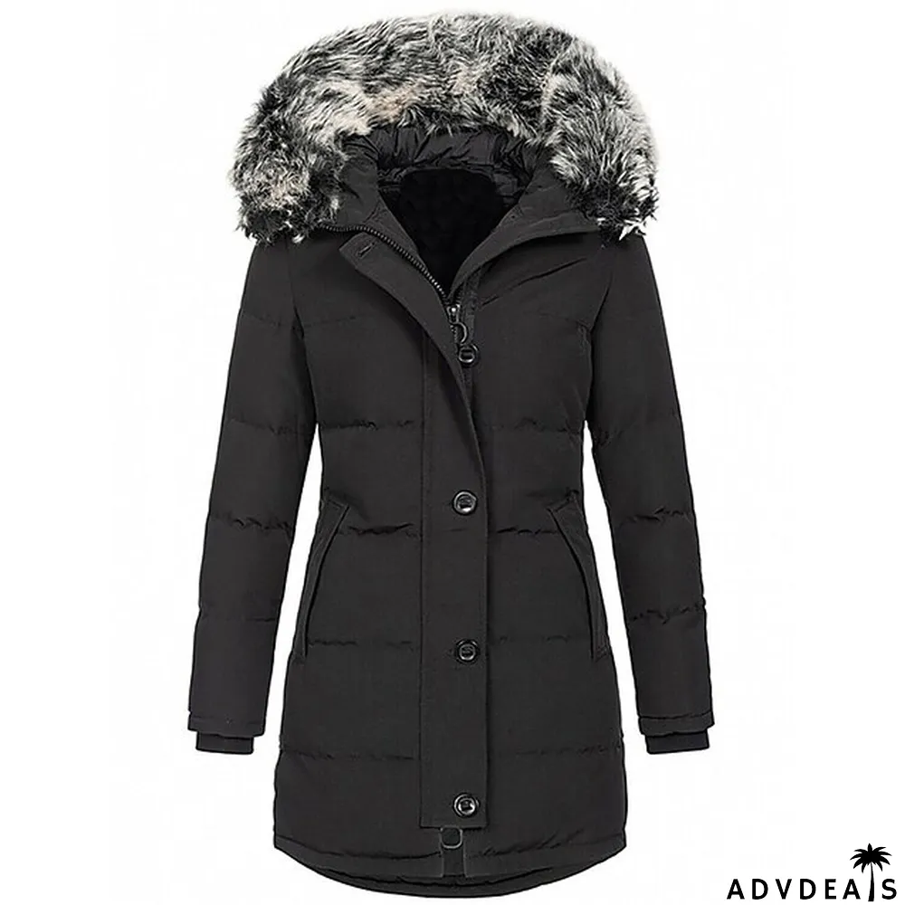 Women's Parka Thicken Puffer Jacket Fleece Winter Coat with Fur Collar Fall Warm Windproof Hooded Jacket Stylish Casual Street Jacket with Pockets Long Sleeve Black White Red
