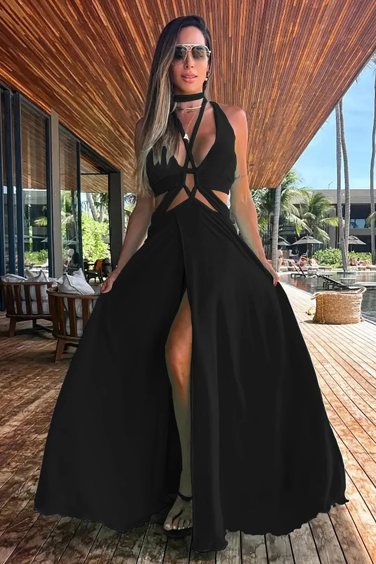 Cutout Lace Up Sleeveless Open Back A-Line Slit Vacation Maxi Dresses-Black