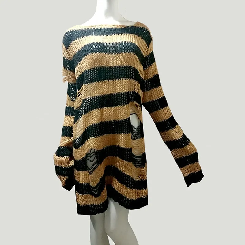 Plus Size Punk Gothic Long Unisex Sweater Dress Cool Hollow Out Hole Broken Jumper Loose Rock Thin Sweter 2020 Women Man Striped