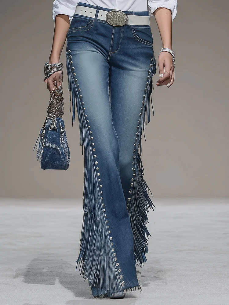 【24-hour shipping out】Western Blue Denim Side Tassel Rivet Flared Pants