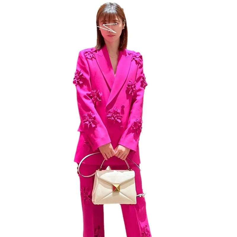 Nigikala Nigikala Hot New Double Buckle Heavy Industry Three-Dimensional Flower Decoration Suit Jacket + Trousers Set