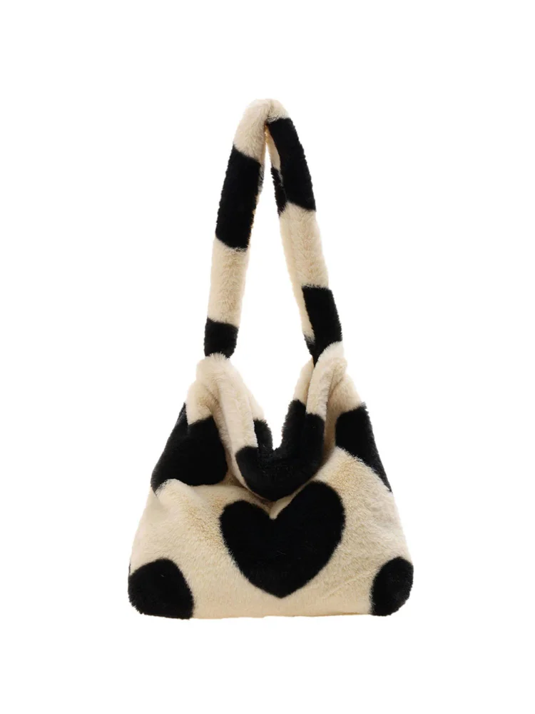 Retro Women Plush Leopard Shoulder Bag Autumn Winter Handbags (Black Heart)