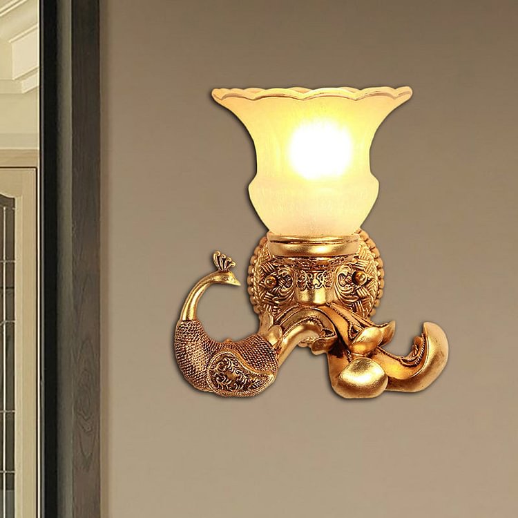 Frosted Glass Petal Wall Sconce Vintage Style 1 Bulb Corridor Wall Lighting Fixture with Gold Peacock Backplate