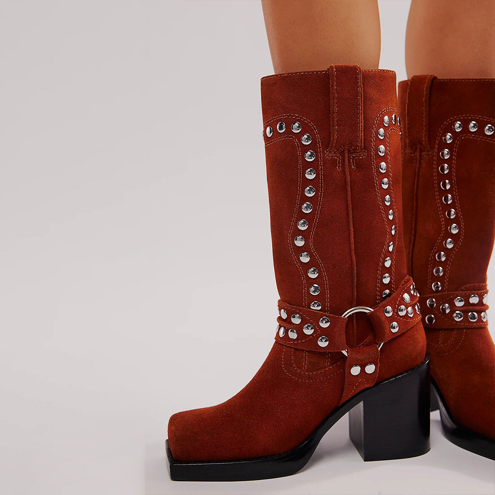 Faux Suede Square Toe Studded Platform Brown Cowgirl Boots    