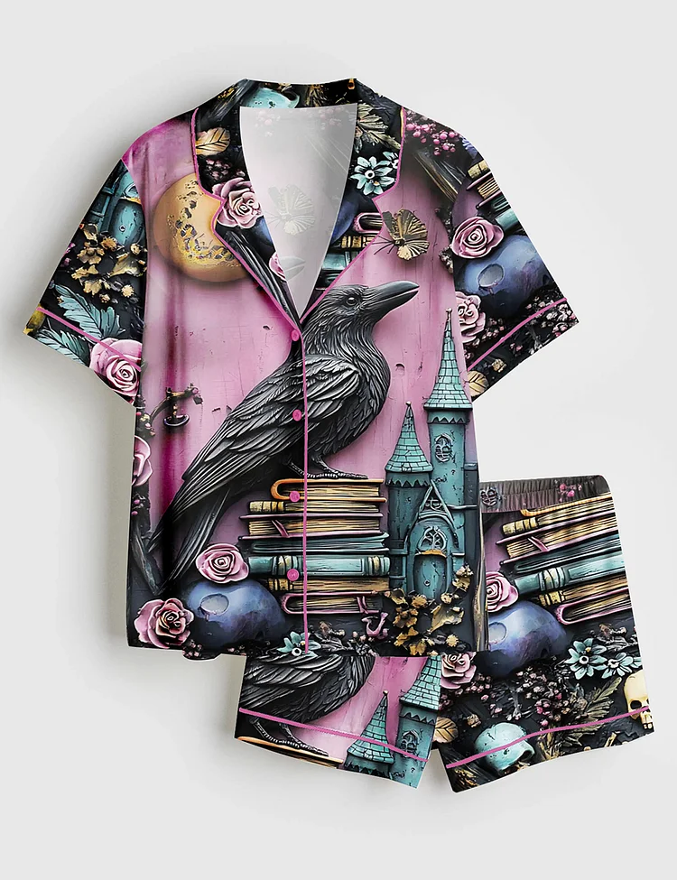 Women's Gothic Purple Bookshelf Dark Academia Witch Skull Floral Book Lover Short Sleeve Satin Pajama Set