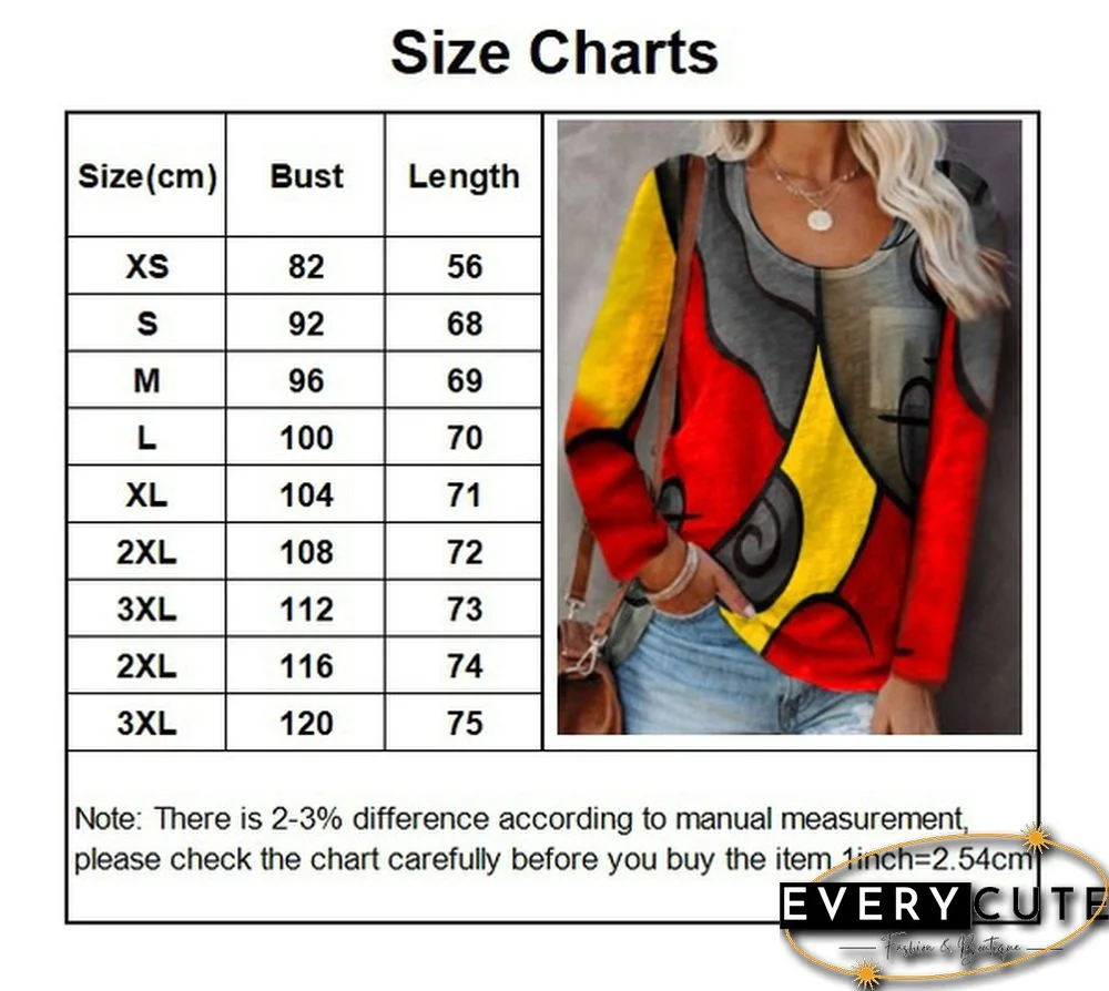 New Autumn and Winter Women's Casual Blouses Long-sleeved T-shirt Stitching Color Printed Tops Plus Size