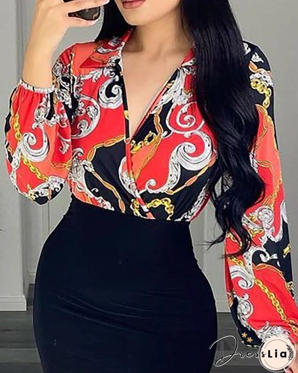 Scarf Chain Print Lantern Sleeve Wrap Dress P14535