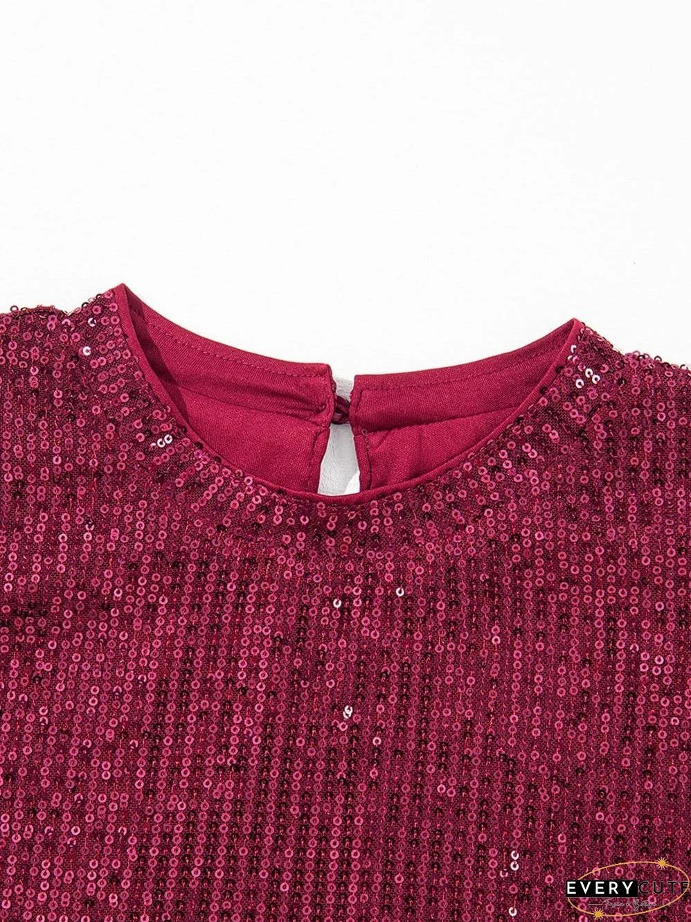 Dark Red Sequin Top with Short Puff Sleeves
