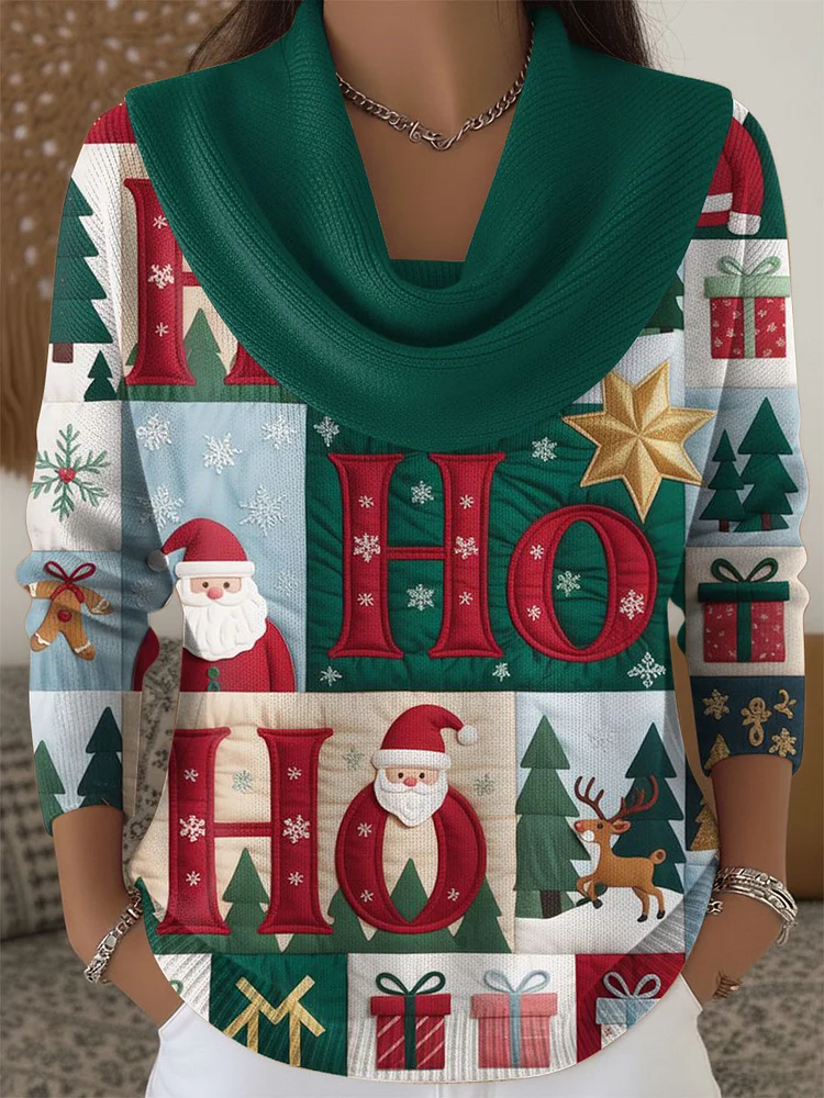 Women's Christmas Pattern Print Cowl Neck Sweater