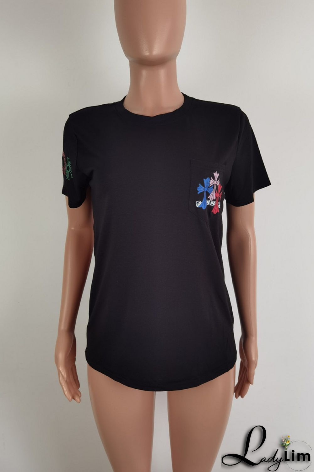 Black Fashion Casual Print Basic O Neck T-Shirts