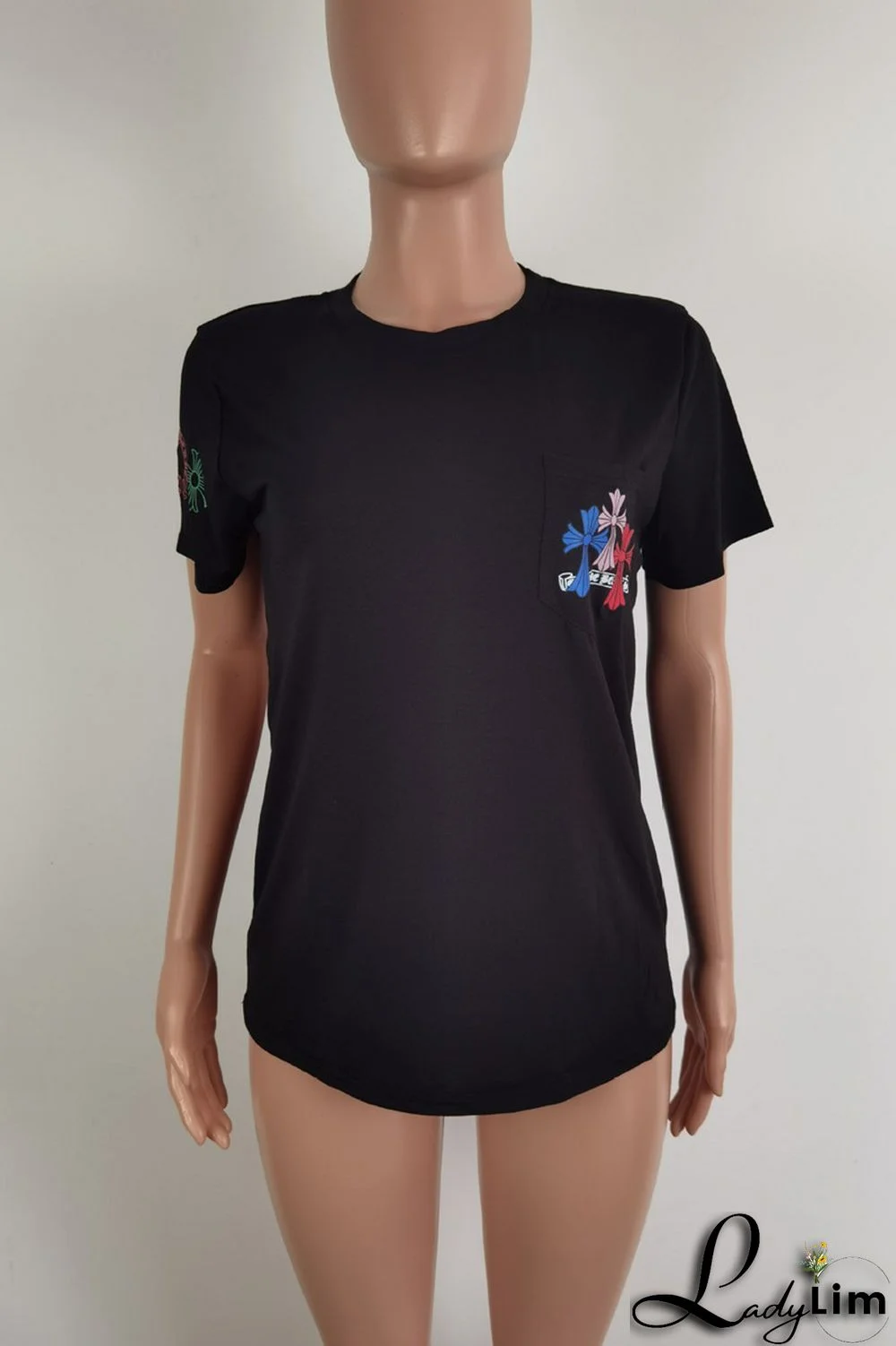 Black Fashion Casual Print Basic O Neck T-Shirts