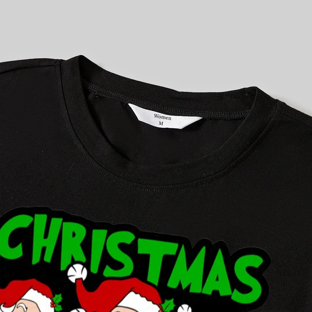 "Santa Squad" and Santa Claus Print Black Top with Red & Green Plaid Pants Family Matching Pajama