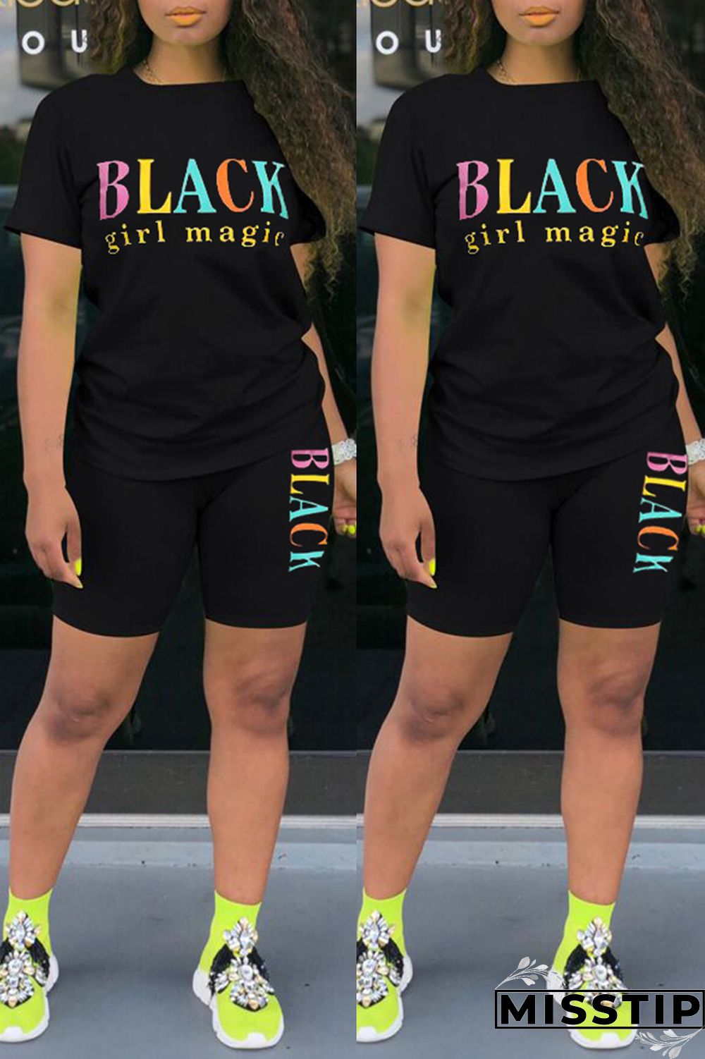 Blue Fashion Casual Letter Print Basic O Neck Short Sleeve Two Pieces