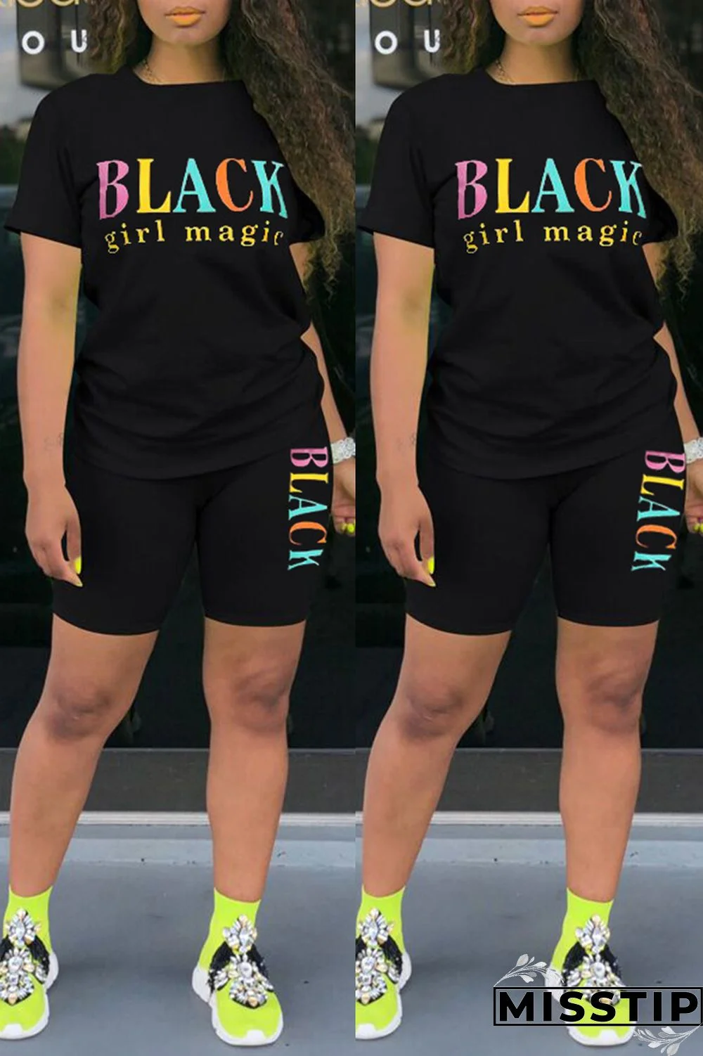 Blue Fashion Casual Letter Print Basic O Neck Short Sleeve Two Pieces