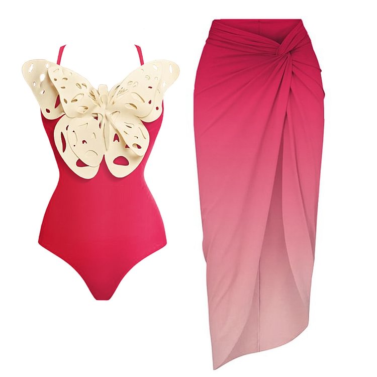 Flaxmaker 3D Butterfly Gradient One Piece Swimsuit and Skirt