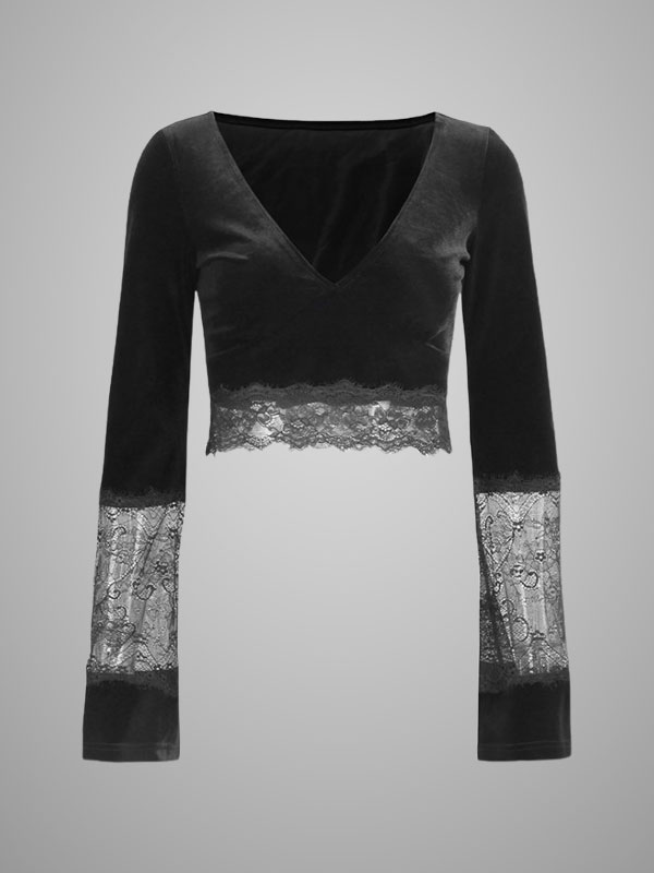 Lace Spliced Sexy Navel Velvet Long-sleeved Top