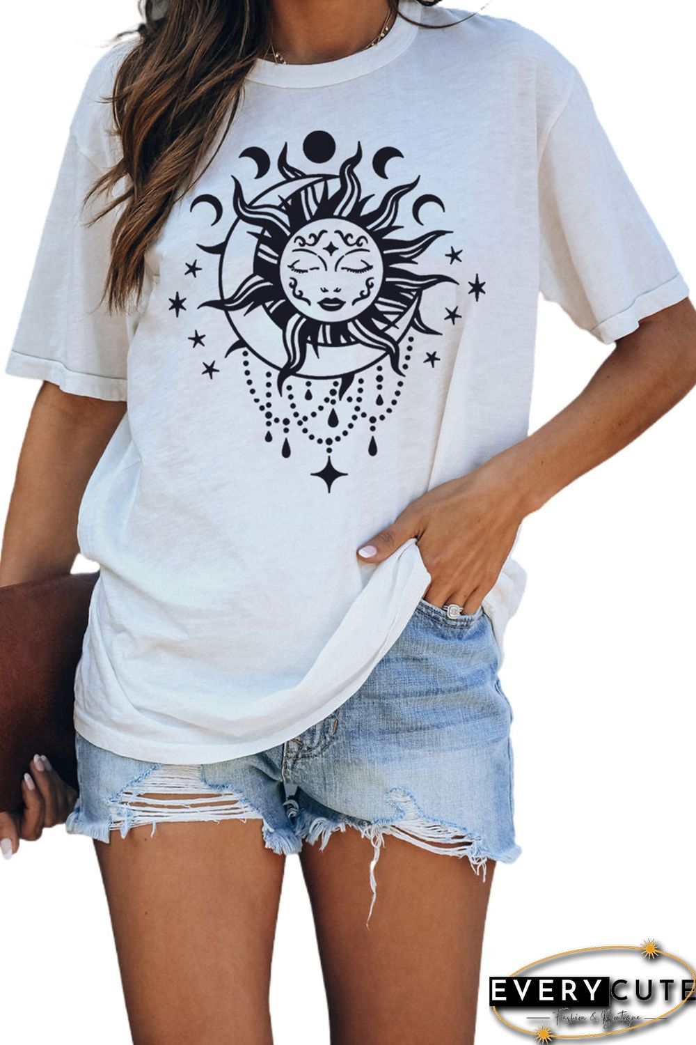 White Sun Moon Face Print Short Sleeve Graphic T-shirt