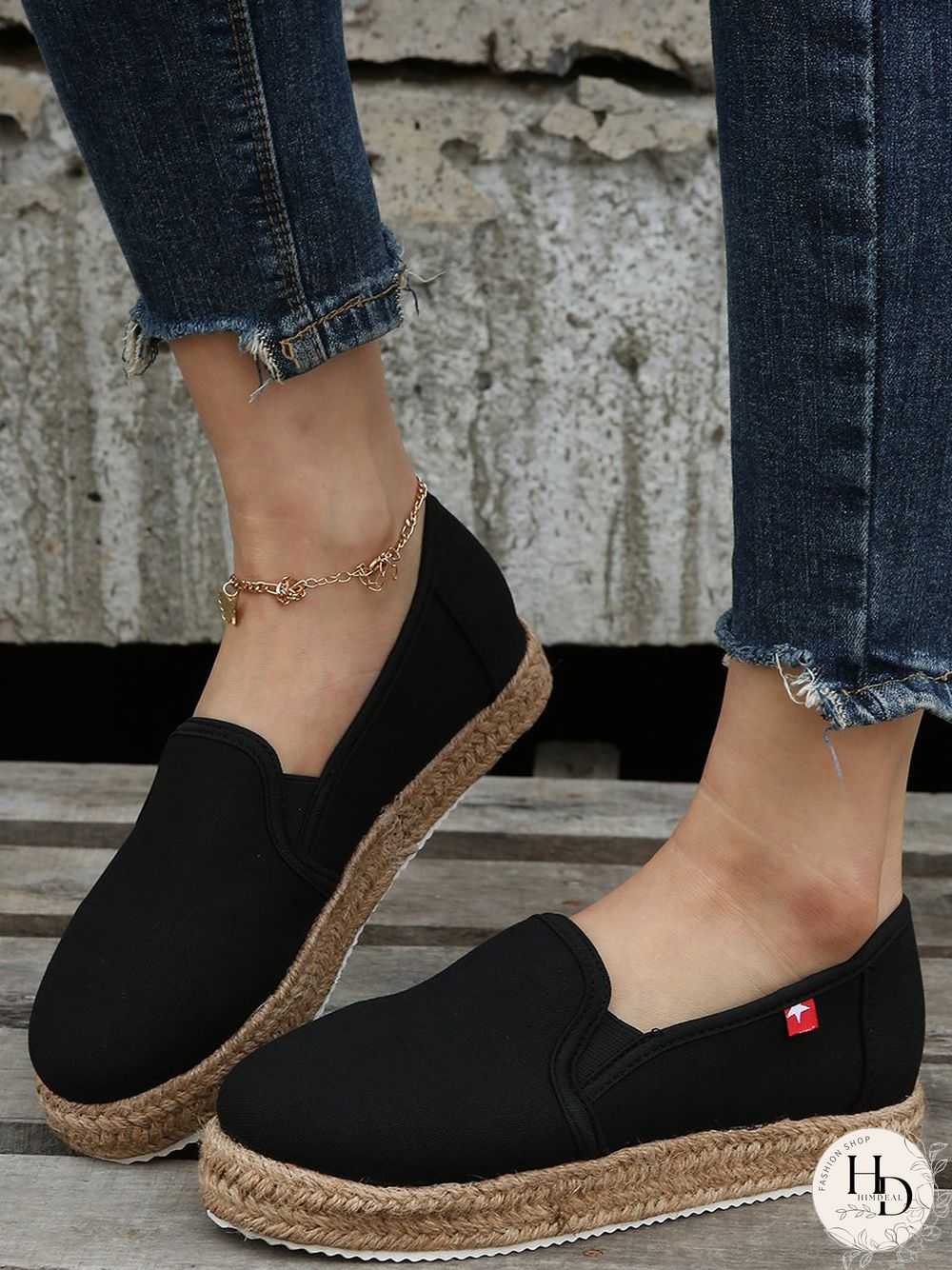 Black White Canvas Straw Platform Loafers