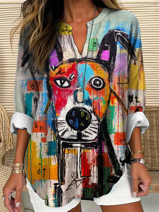 Lovely Dog Art Pattern Linen Blend Cozy Tunic