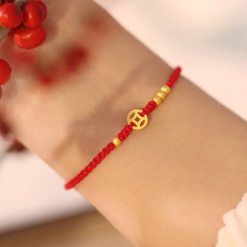Copper Coin Braided Red String Bracelet