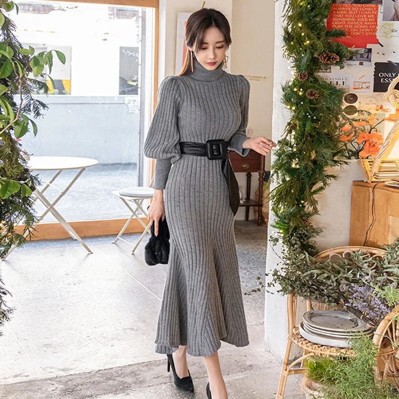 Autumn and Winter 2020 New Korean Style High collar Slim Long Sleeve Frenulum Jersey Dress Women's Fashion