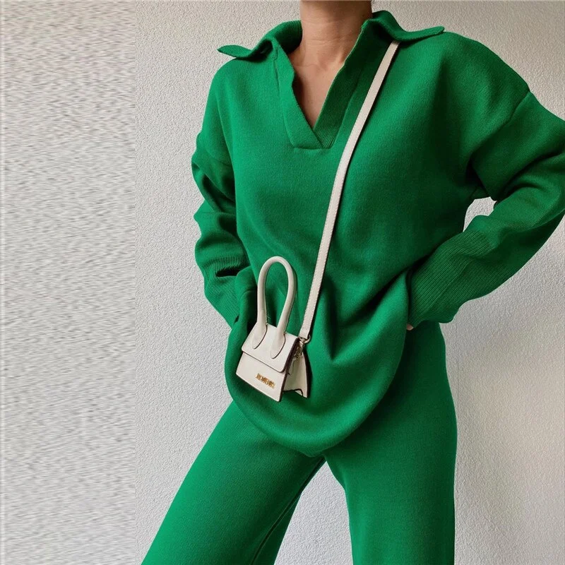Fall Winter Green Knitted Sweater Two Piece Suits Casual V-neck Pullover Long Wide Leg Tracksuits Women Loose Solid Sweater Sets