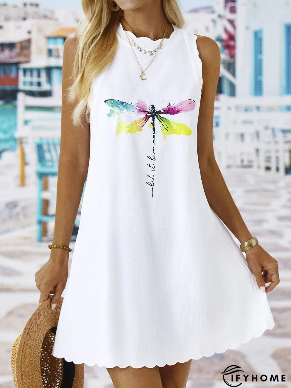 Dragonfly Crew Neck Sleeveless Casual Woven Dress | IFYHOME