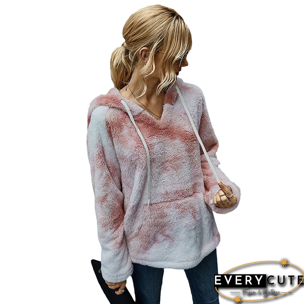Light Pink Tie Dye Fuzzy Drawstring Hoodie