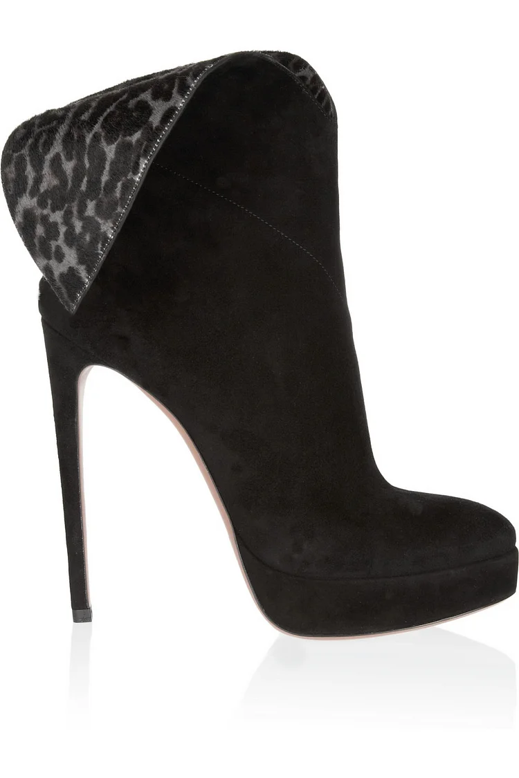 Black Leopard Print Suede Stiletto Ankle Boots Vdcoo