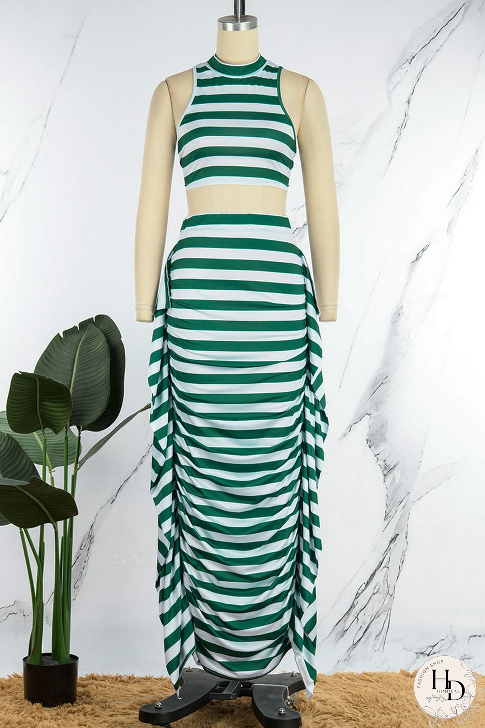 Red Casual Striped Print Patchwork Flounce O Neck Sleeveless Two Pieces