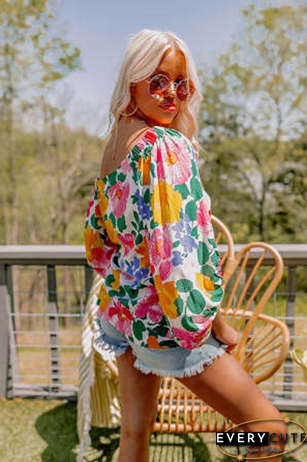 White Water Painting Flowers Sexy Off Shoulder Top