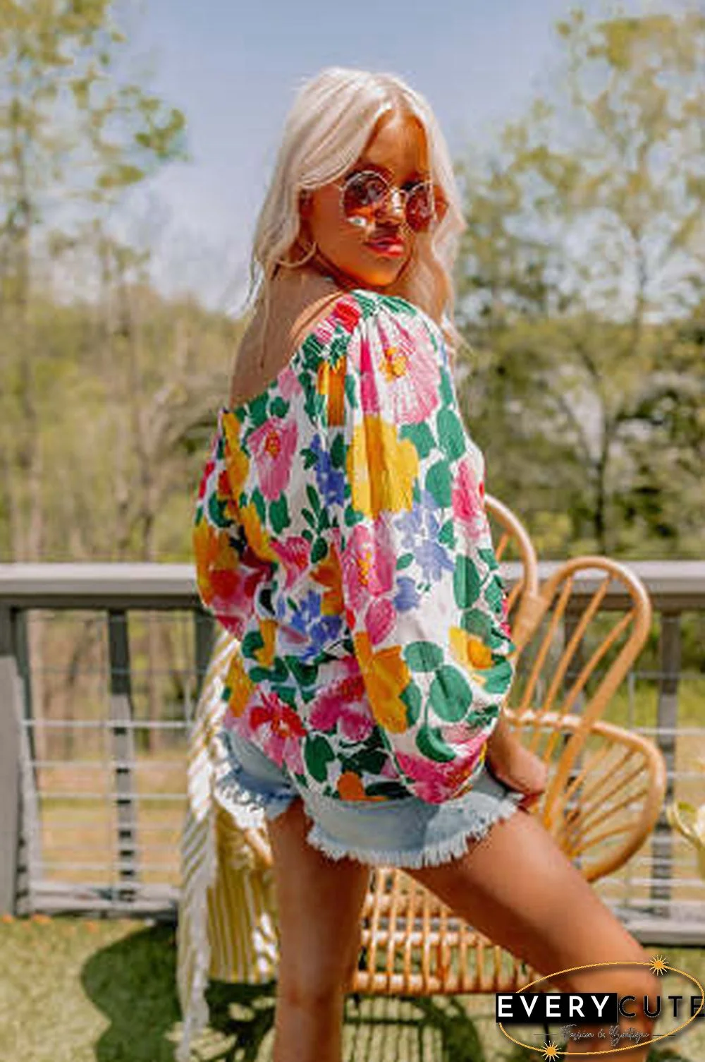 White Water Painting Flowers Sexy Off Shoulder Top